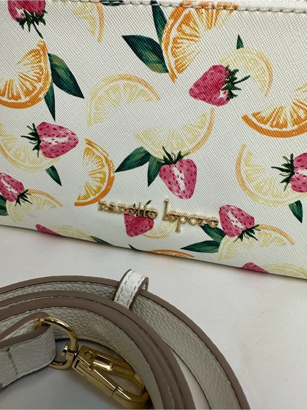 Nanette Lepore White Citrus & Strawberry Print Wristlet with Detachable Strap